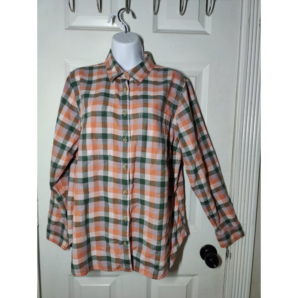 LL Bean Plaid Orange Green Button Up Women's Shirt Top 100% Cotton M